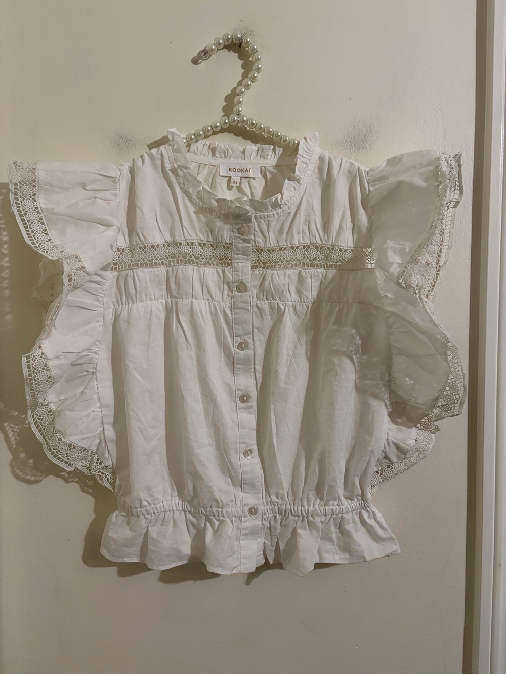 Kookai White Lace-Trim Flutter Sleeve Blouse